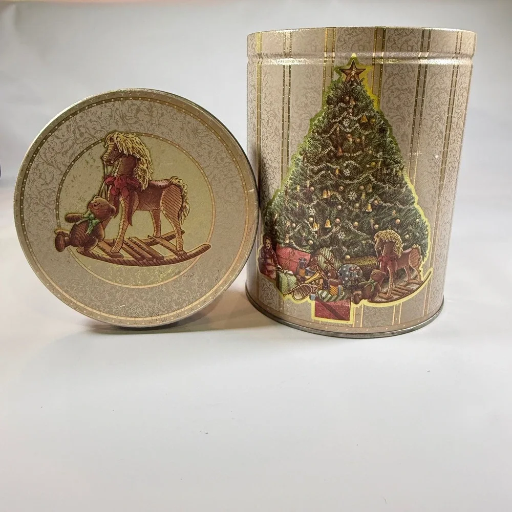 VTG Christmas Tin Holiday Cookie Canister Gold Victorian Tree Rocking Horse 8